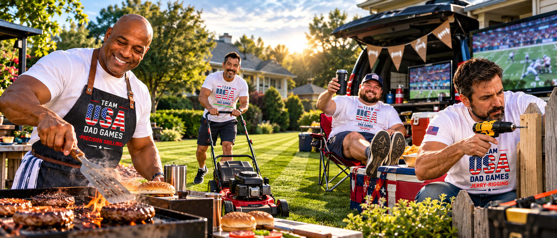 Dad Games competitors grilling, mowing, tailgating and jerry-rigging in the backyard