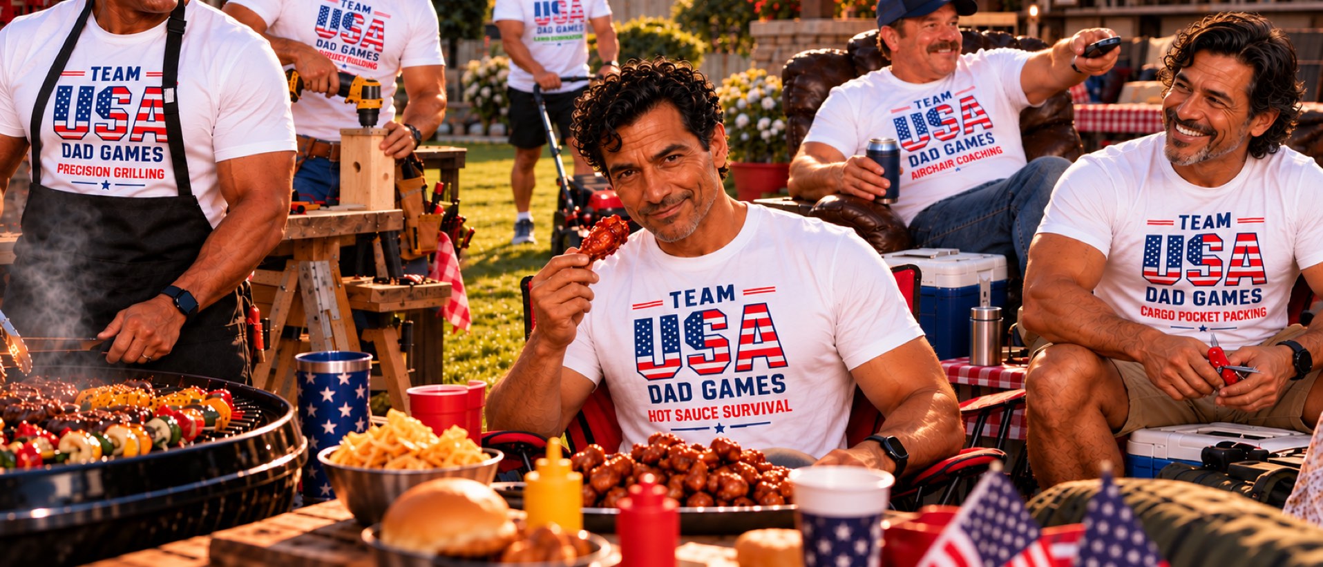 Dad Games competitors sharing barbecue and hot wings