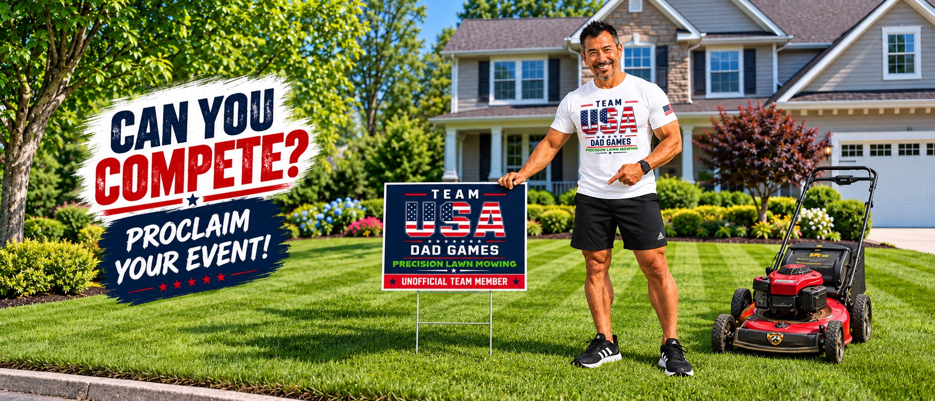 Precision Lawn Mowing Dad proclaims his event beside his lawn and yard sign